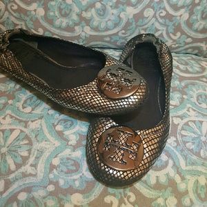 Tori Burch sliver snake skin reva flats.